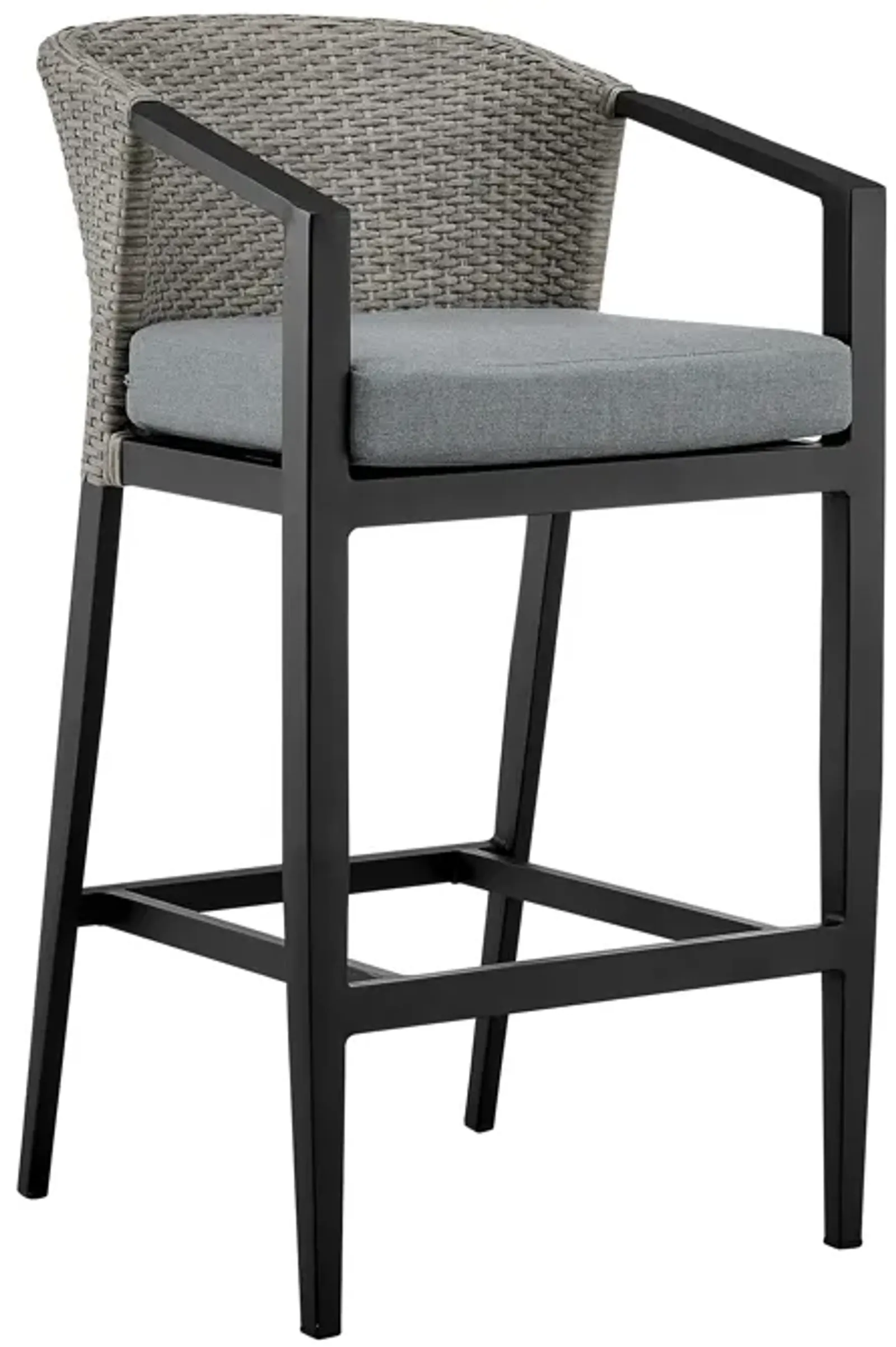 Aileen Outdoor Patio Counter Height Bar Stool in Aluminum and Wicker with Gray Cushions