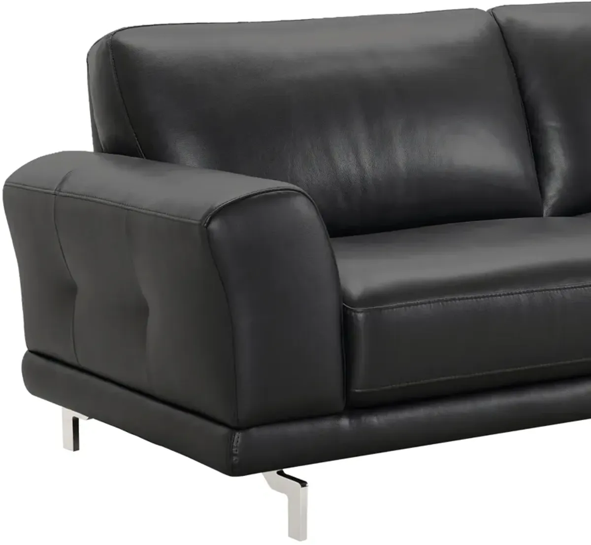 Everly Contemporary Sofa in Genuine Black Leather with Brushed Stainless Steel Legs