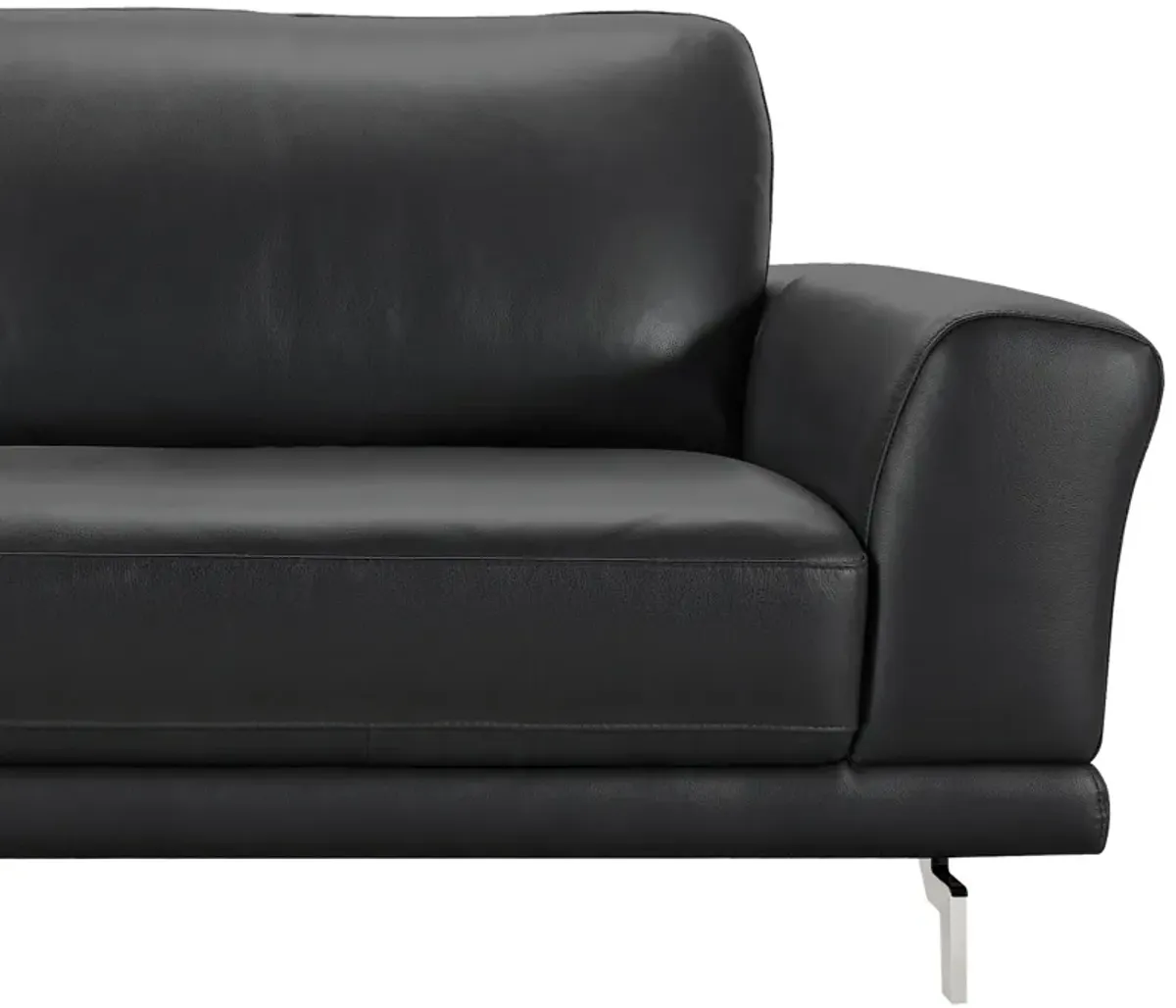 Everly Contemporary Sofa in Genuine Black Leather with Brushed Stainless Steel Legs