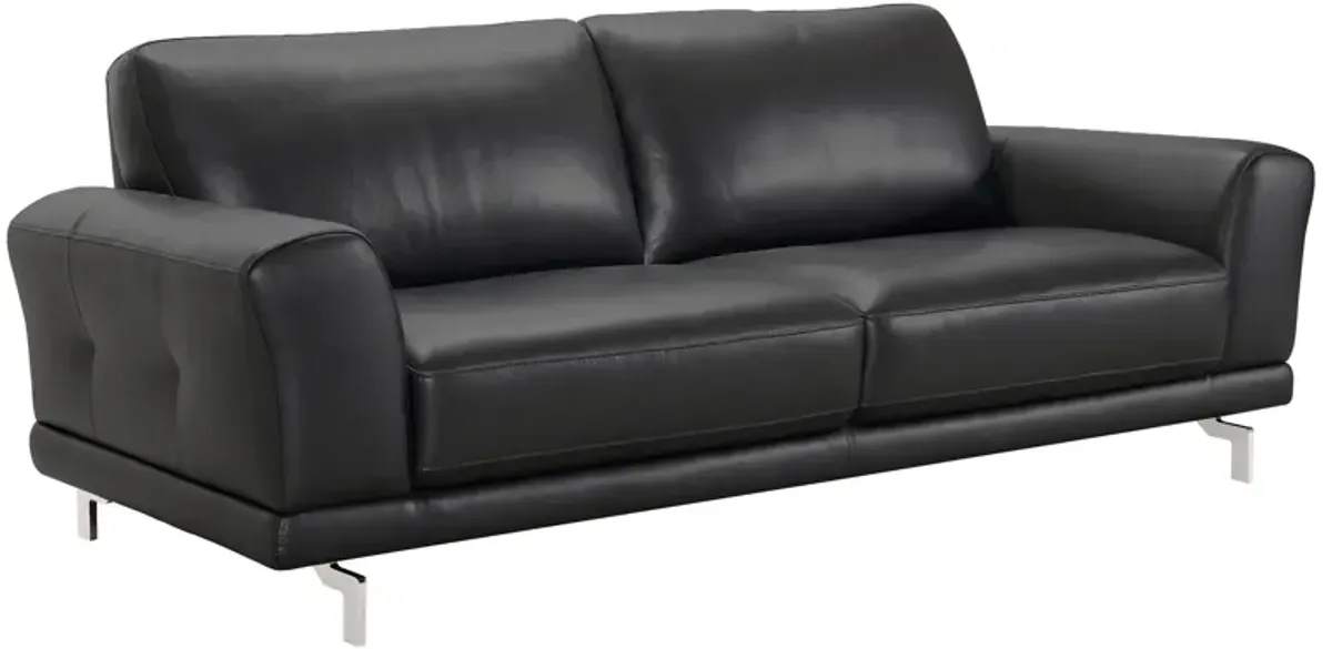 Everly Contemporary Sofa in Genuine Black Leather with Brushed Stainless Steel Legs