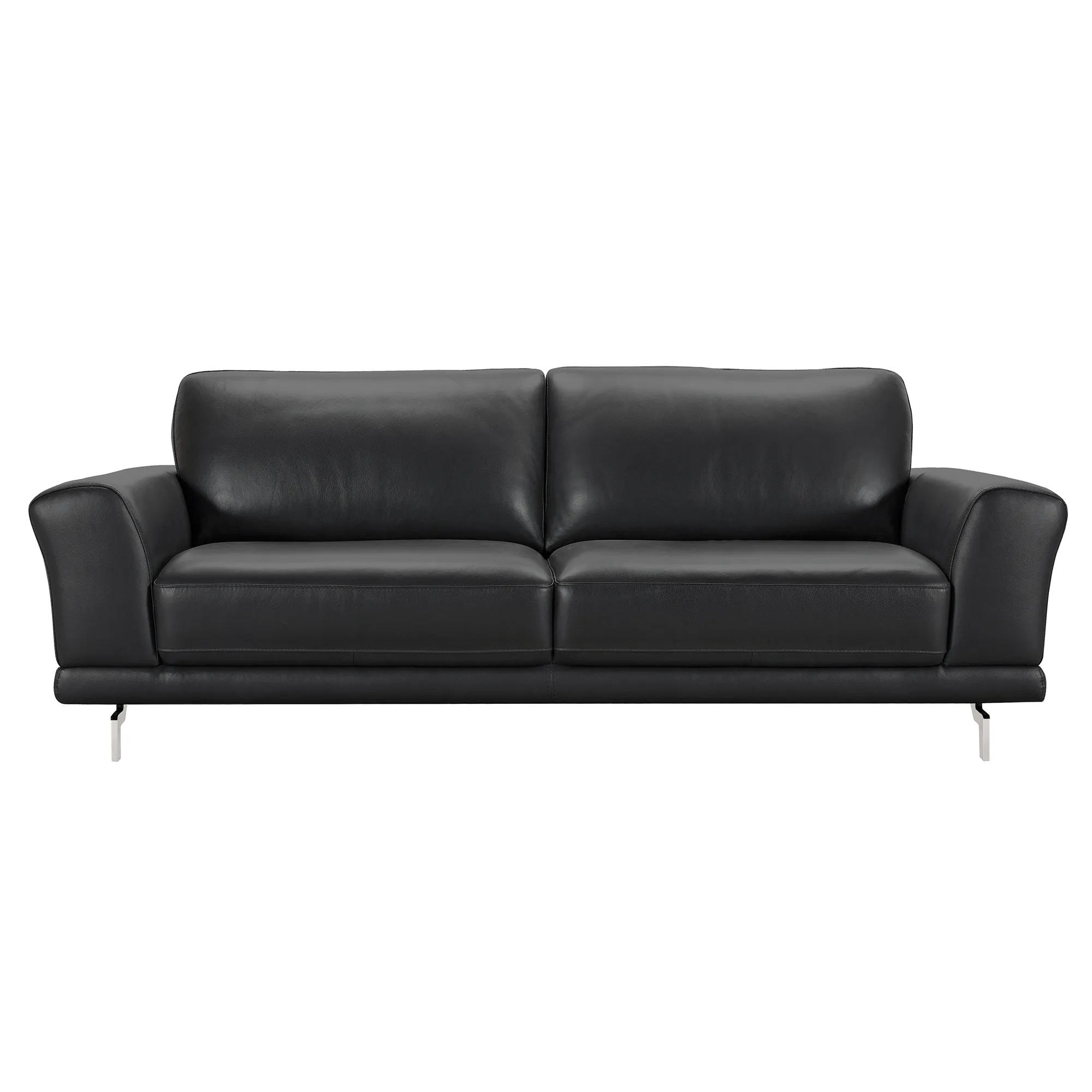 Everly Contemporary Sofa in Genuine Black Leather with Brushed Stainless Steel Legs