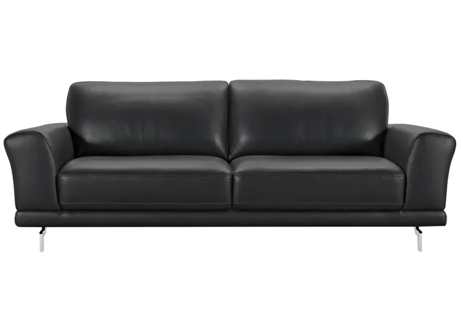 Everly Contemporary Sofa in Genuine Black Leather with Brushed Stainless Steel Legs