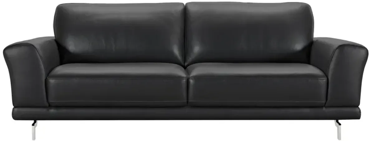 Everly Contemporary Sofa in Genuine Black Leather with Brushed Stainless Steel Legs