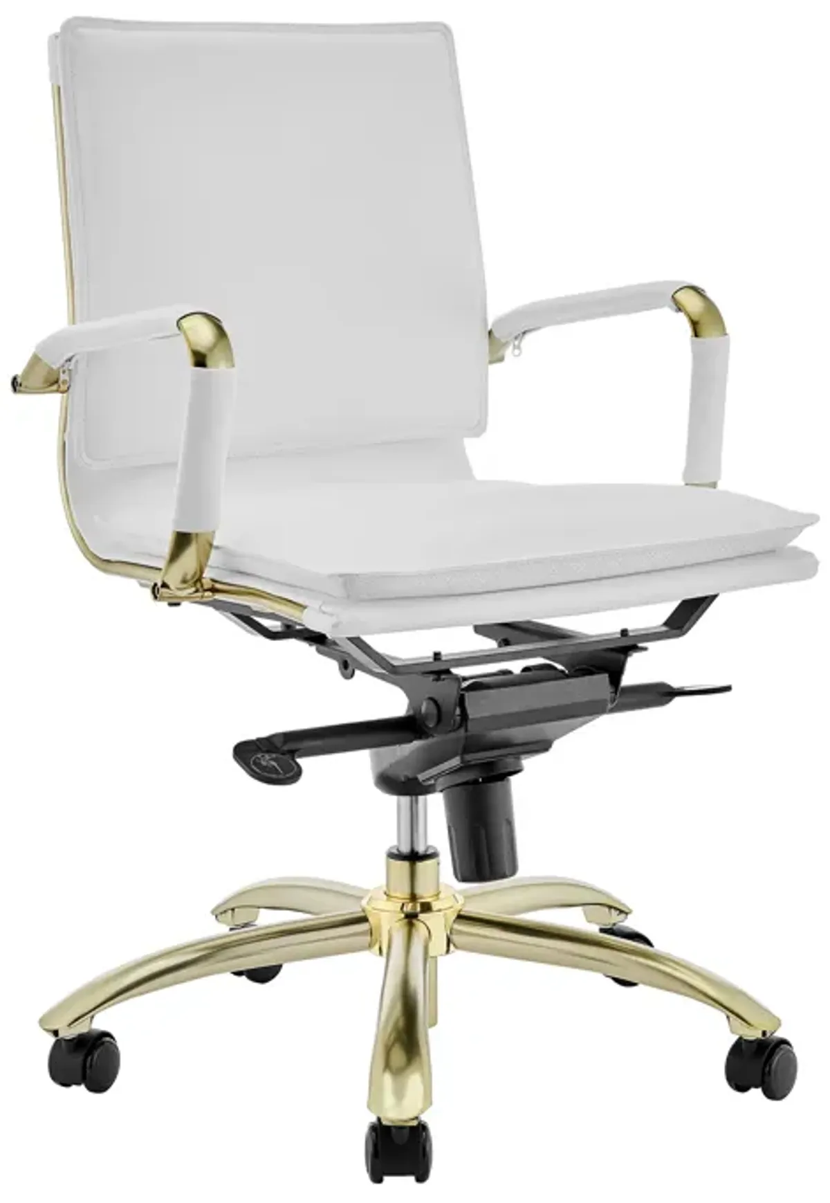 Gunar Pro Low Back Office Chair in White with Matte Brushed Gold Steel Base