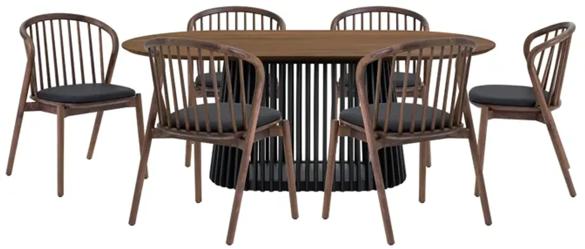 Pasadena Echo 7 Piece Oval Dining Set with Walnut and Black Finish Table and Walnut Finish Chairs