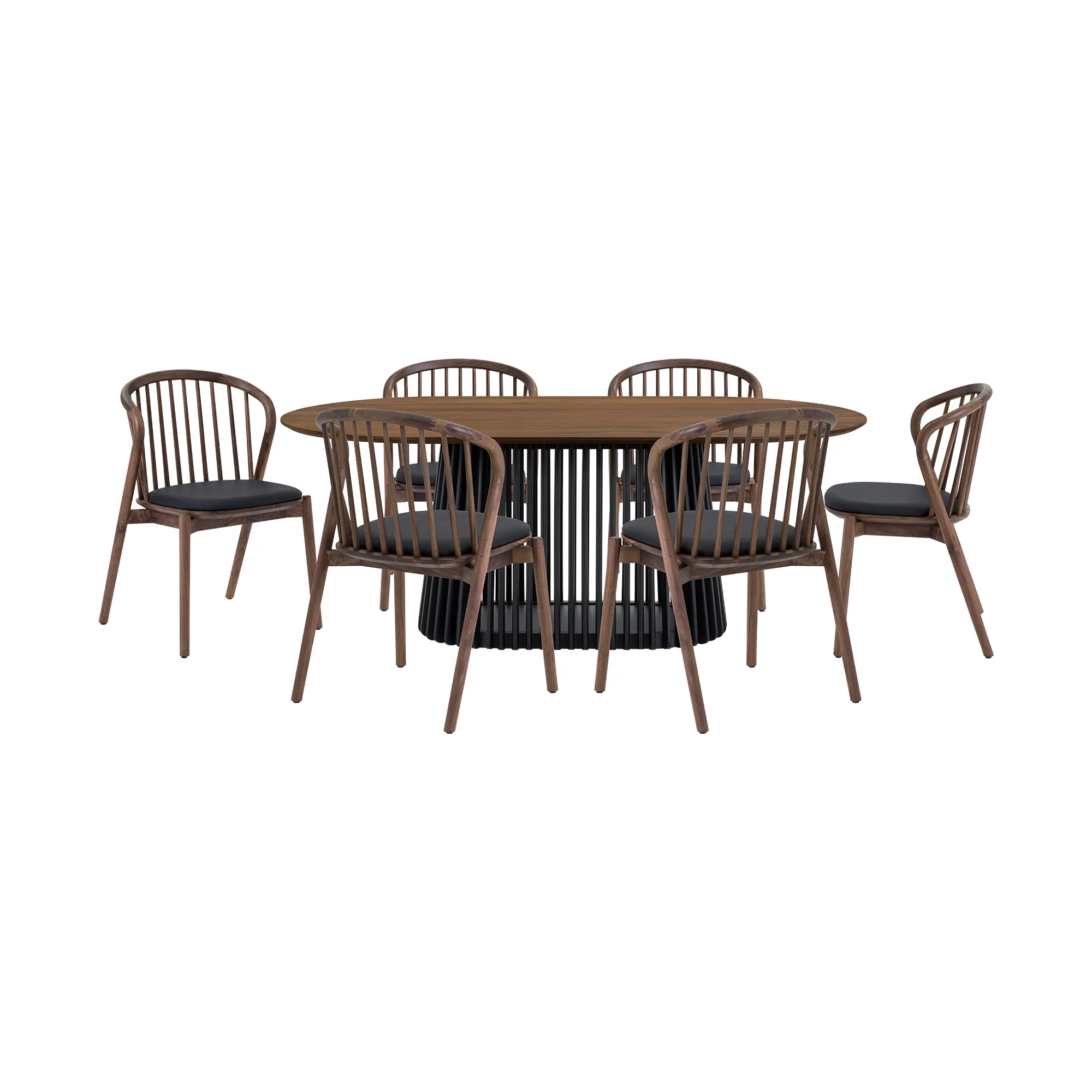 Pasadena Echo 7 Piece Oval Dining Set with Walnut and Black Finish Table and Walnut Finish Chairs