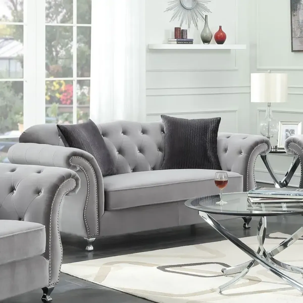 Frostine Button Tufted Loveseat Silver