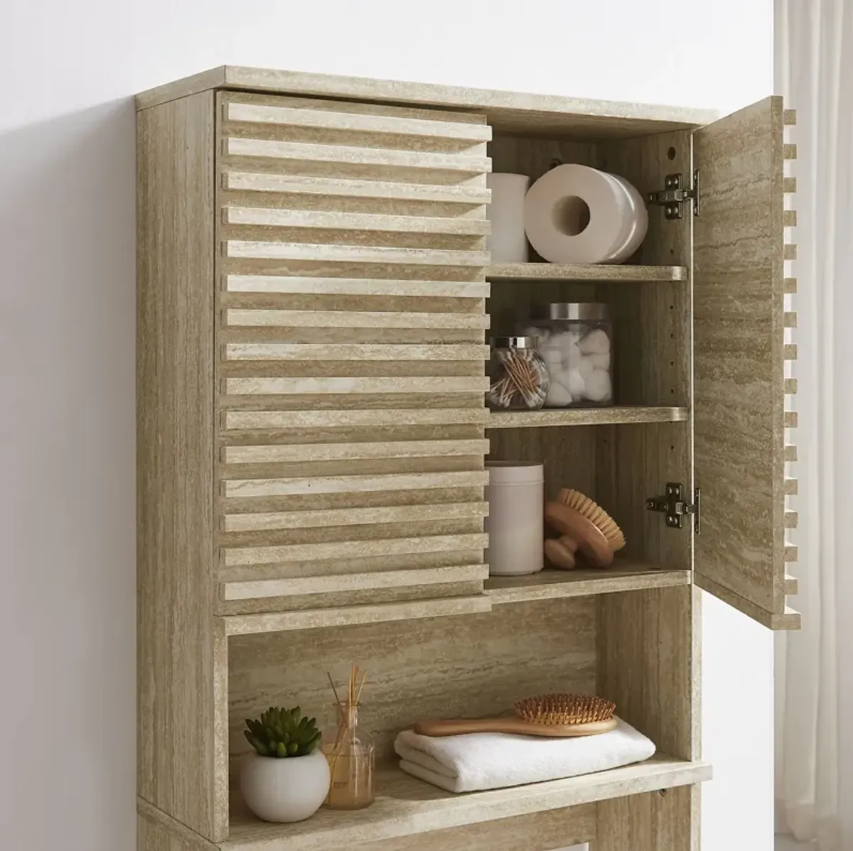 Render Over the Toilet Faux Travertine Bathroom Storage Cabinet by Modway