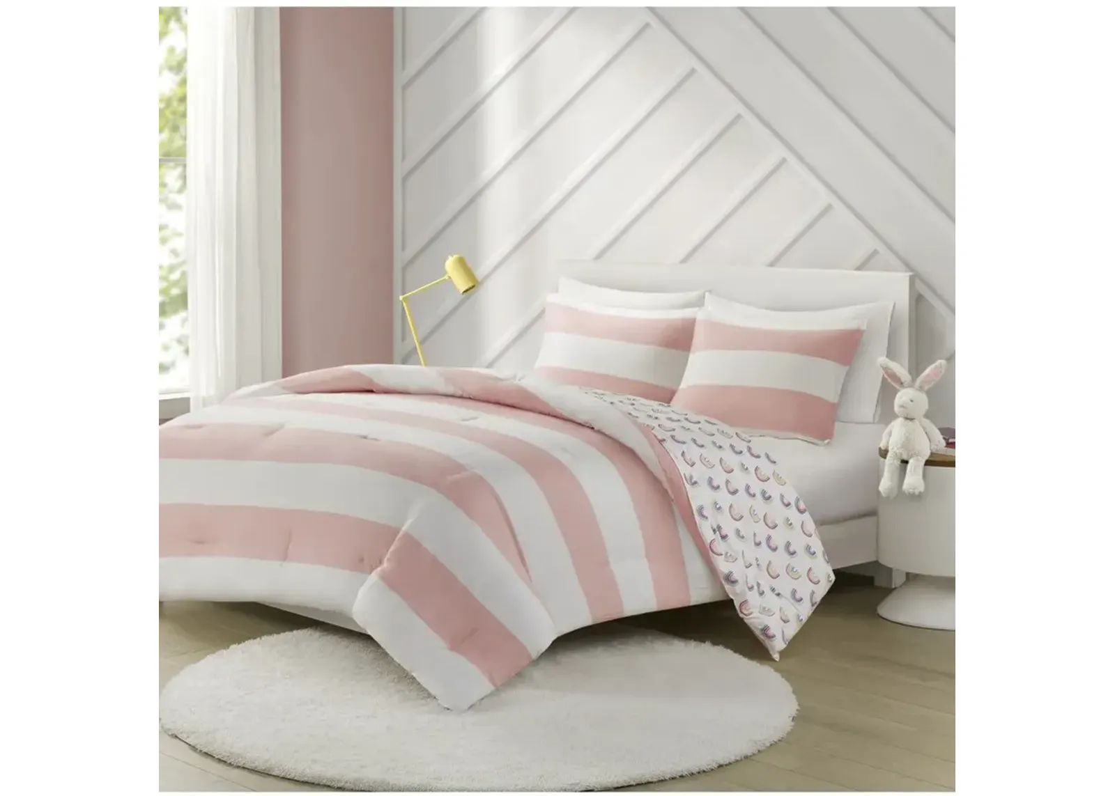 Urban Habitat Kids Sammie Pink Cotton Cabana Stripe Reversible Comforter Set with Rainbow Reverse