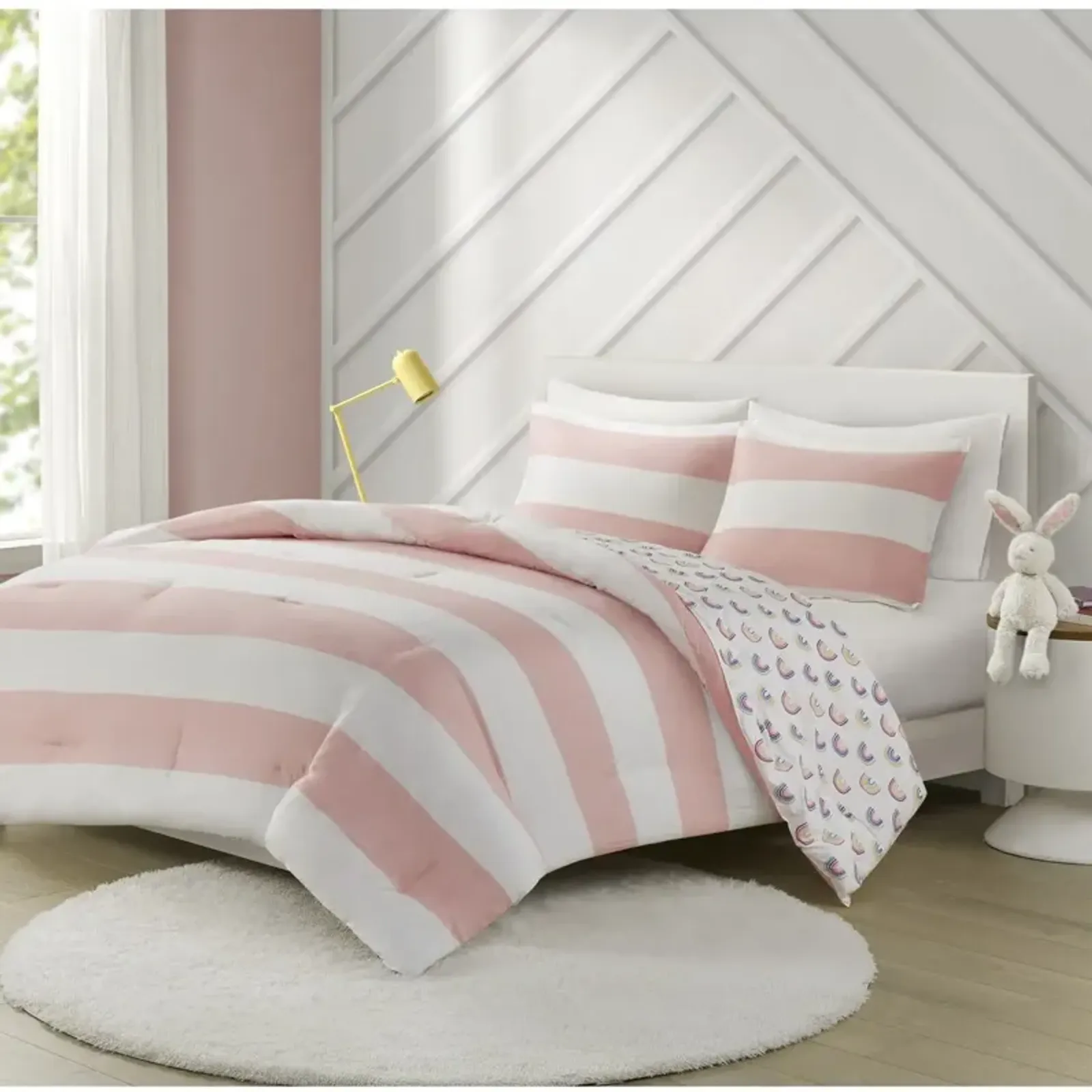 Urban Habitat Kids Sammie Pink Cotton Cabana Stripe Reversible Comforter Set with Rainbow Reverse