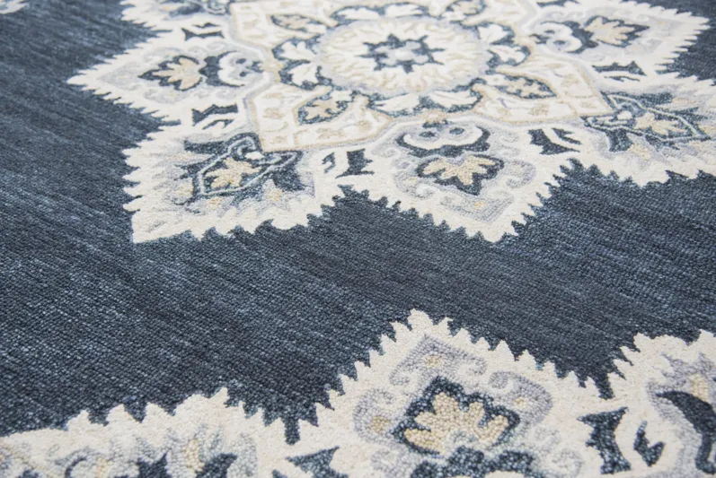 Resonant Dk.Blue/Natural Central Medallion Wool 2'6" x 8' Runner Rug