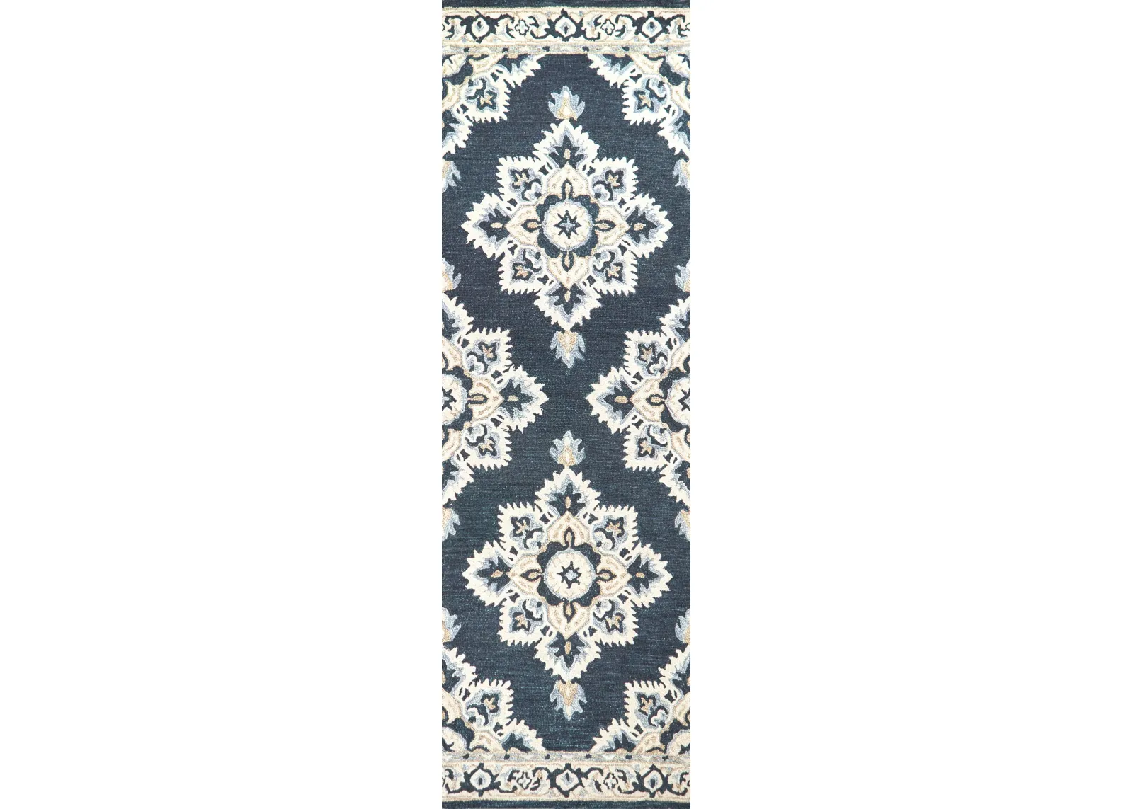 Resonant Dk.Blue/Natural Central Medallion Wool 2'6" x 8' Runner Rug