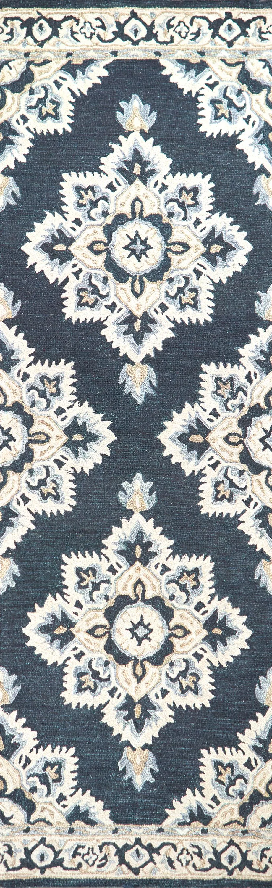 Resonant Dk.Blue/Natural Central Medallion Wool 2'6" x 8' Runner Rug