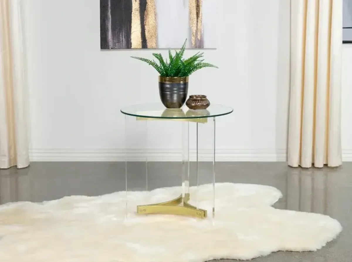 Janessa Round Glass Top End Table With Acrylic Legs Clear and Matte Brass