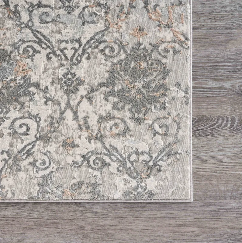 Imagica Neutral Distressed Floral Damask Contemporary Runner Rug 2'2" x 7'7"