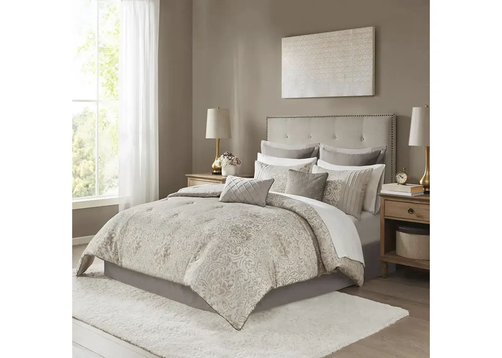 Madison Park Emilia Khaki 12 Piece Jacquard Comforter Set with Bed Sheets