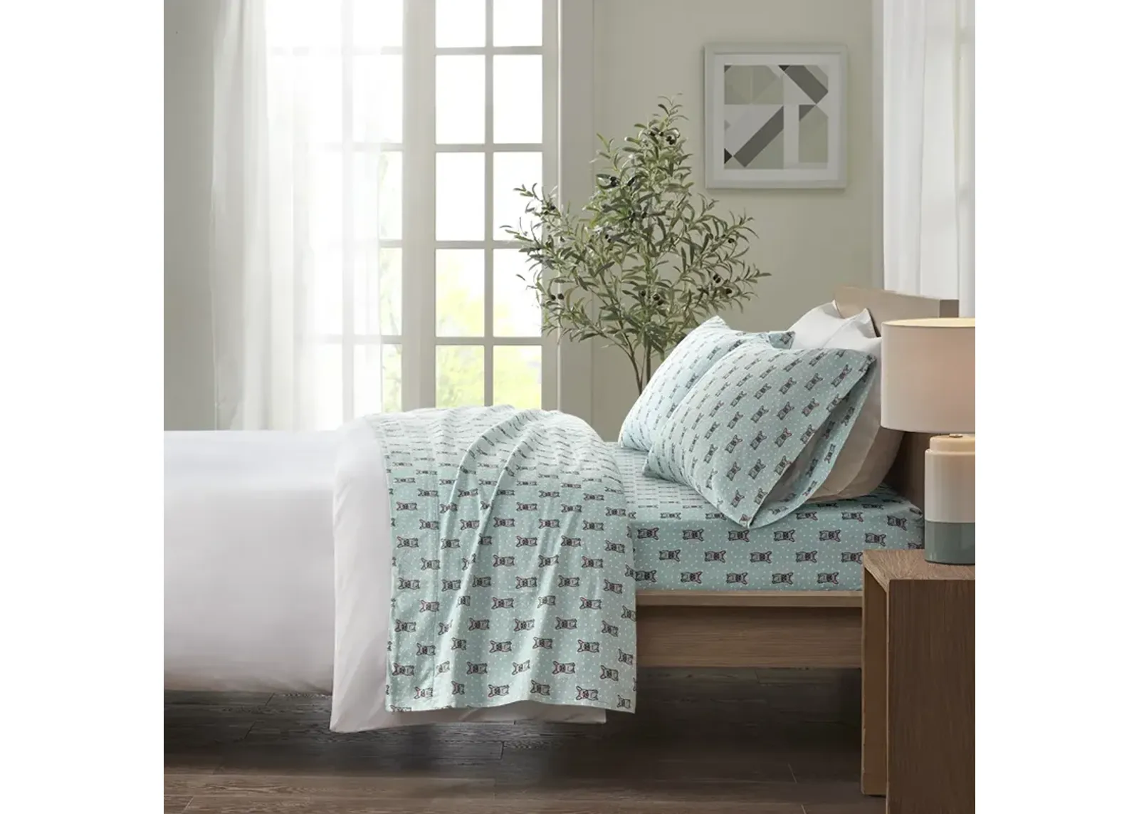 True North by Sleep Philosophy Cozy Flannel Aqua French Bulldog Printed Sheet Set