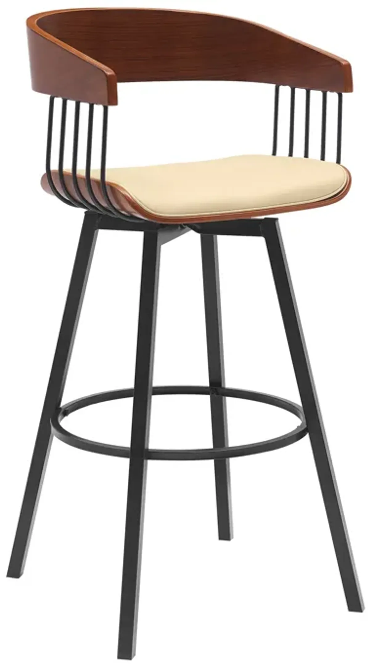 Athena 31" Swivel Walnut Wood Bar Stool in Cream Faux Leather with Black Metal