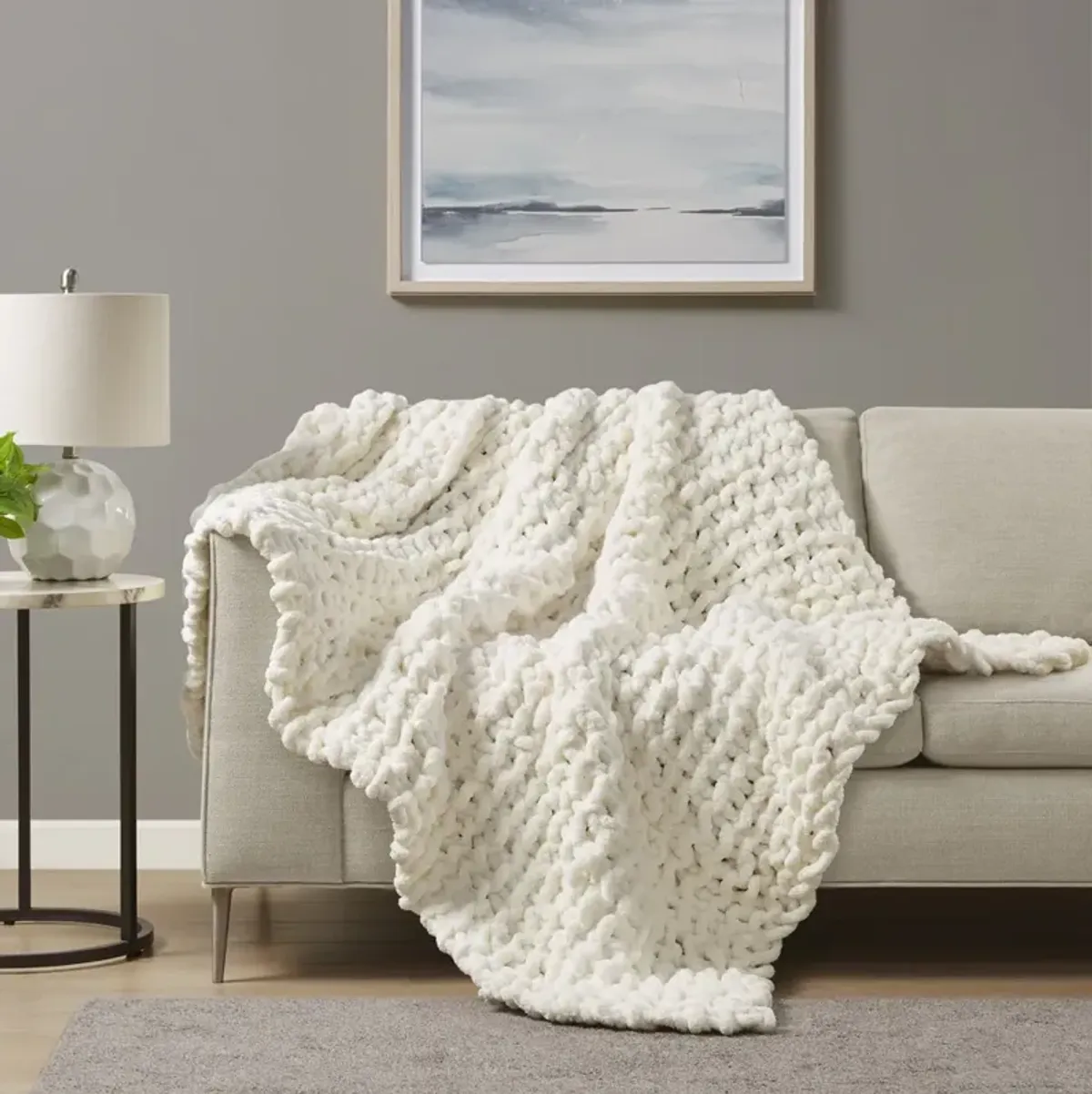 Madison Park Chenille Chunky Knit Ivory Throw