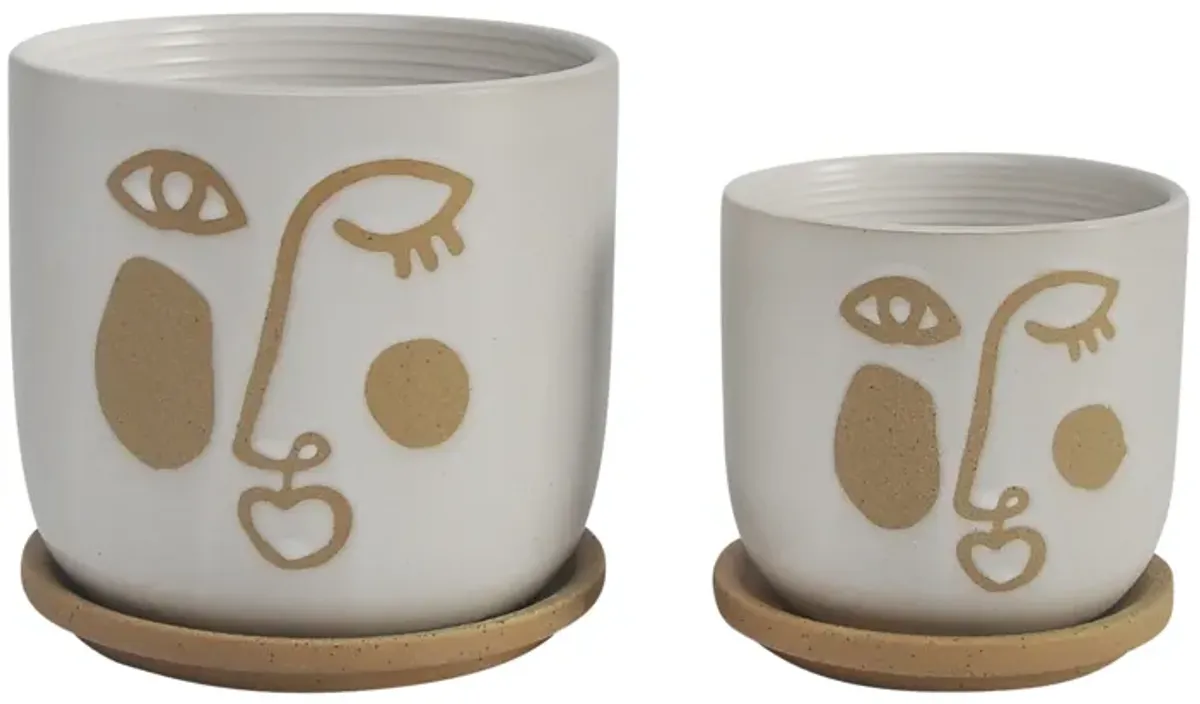 S/2 5/6" Funky Face Planter W/ Saucer, Beige