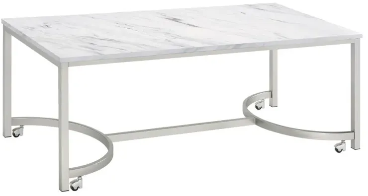 Leona Coffee Table with Casters White and Satin Nickel