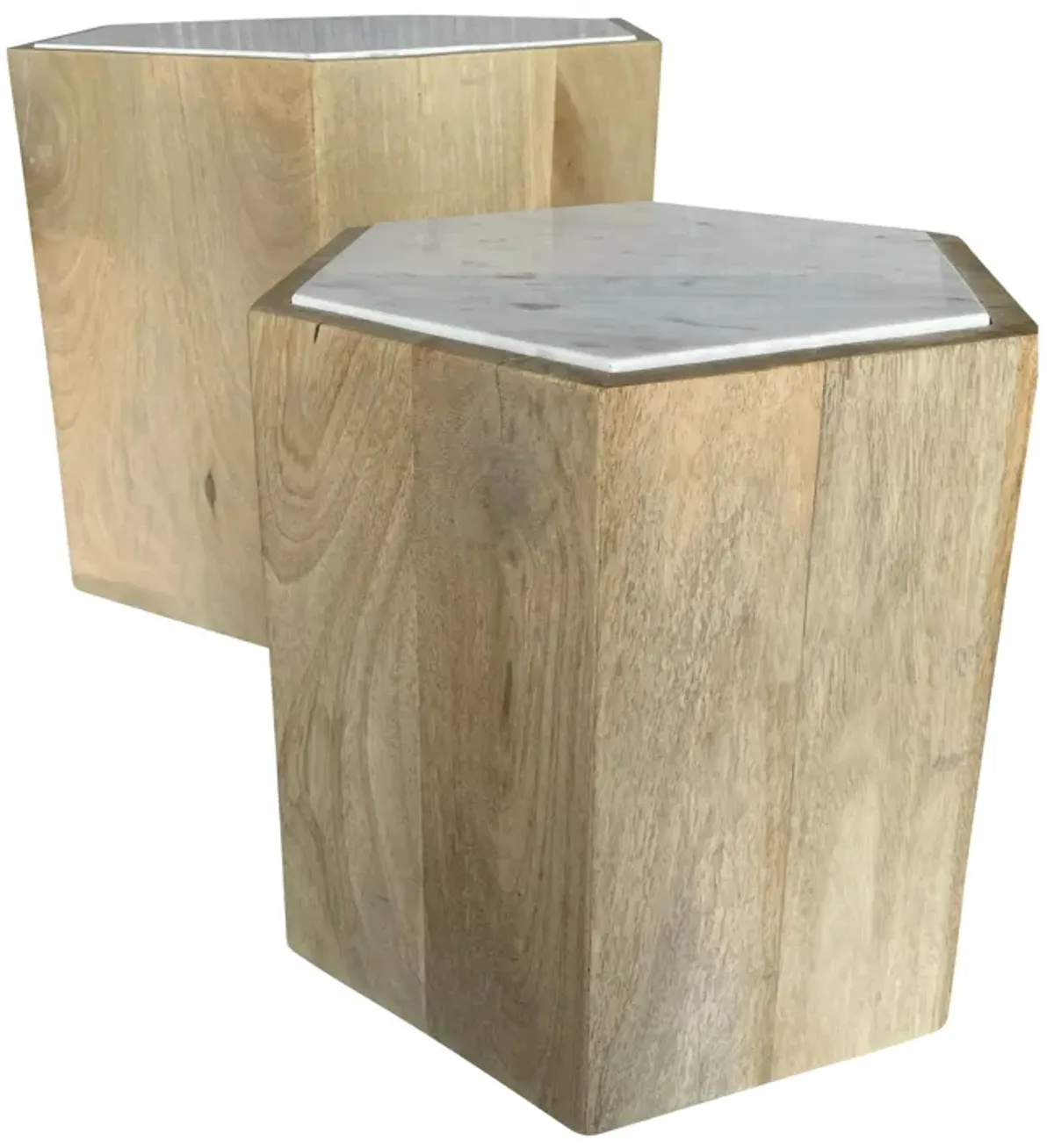 Wood/marble, 14/20" Hexagonal Side Tables, Nat - Set of 2