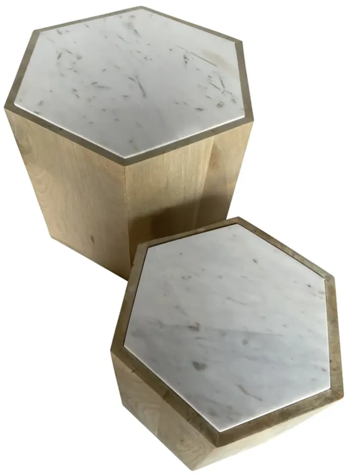 Wood/marble, 14/20" Hexagonal Side Tables, Nat - Set of 2