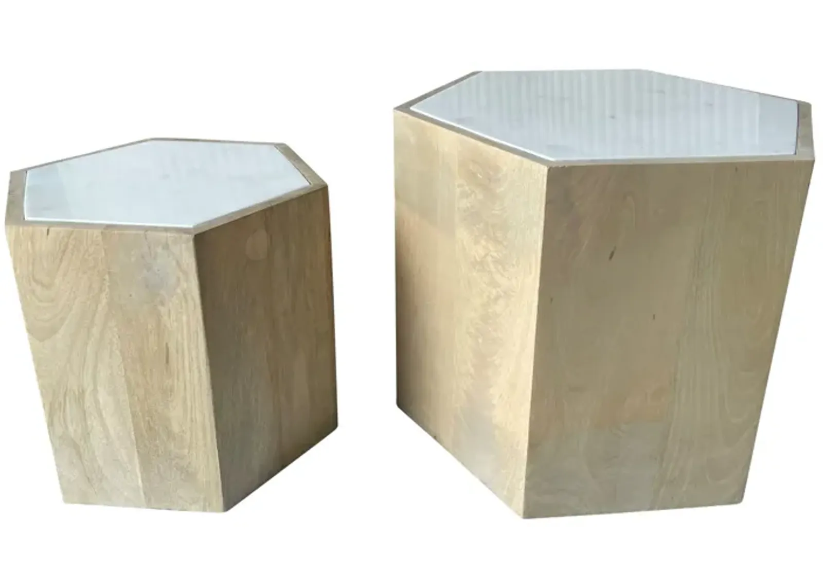 Wood/marble, 14/20" Hexagonal Side Tables, Nat - Set of 2