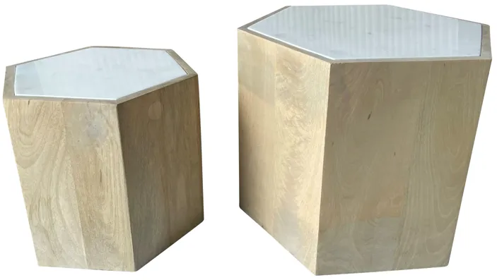 Wood/marble, 14/20" Hexagonal Side Tables, Nat - Set of 2