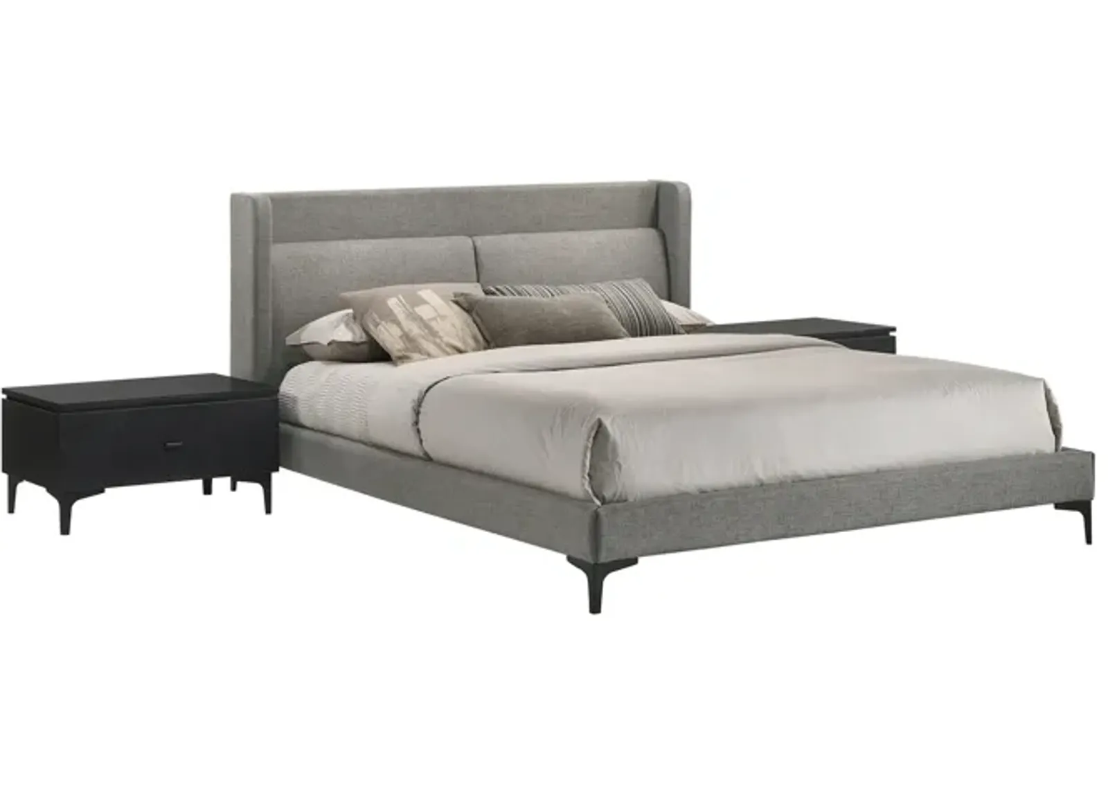 Legend 3 Piece Gray Fabric Queen Platform Bed and Nightstands Bedroom Set