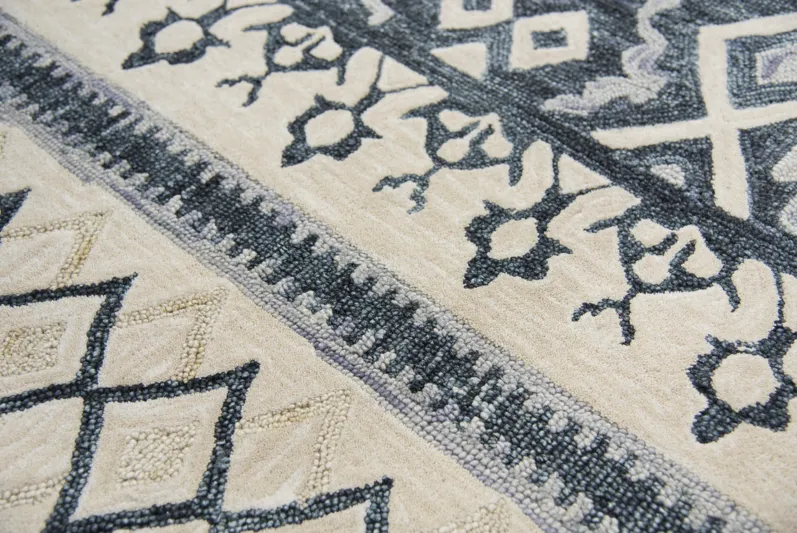 Opulent Gray/Dk.Blue Tribal Motif Wool 2'6" x 8' Runner Rug