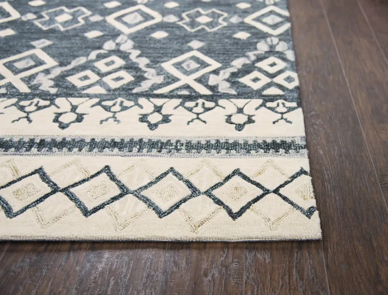 Opulent Gray/Dk.Blue Tribal Motif Wool 2'6" x 8' Runner Rug