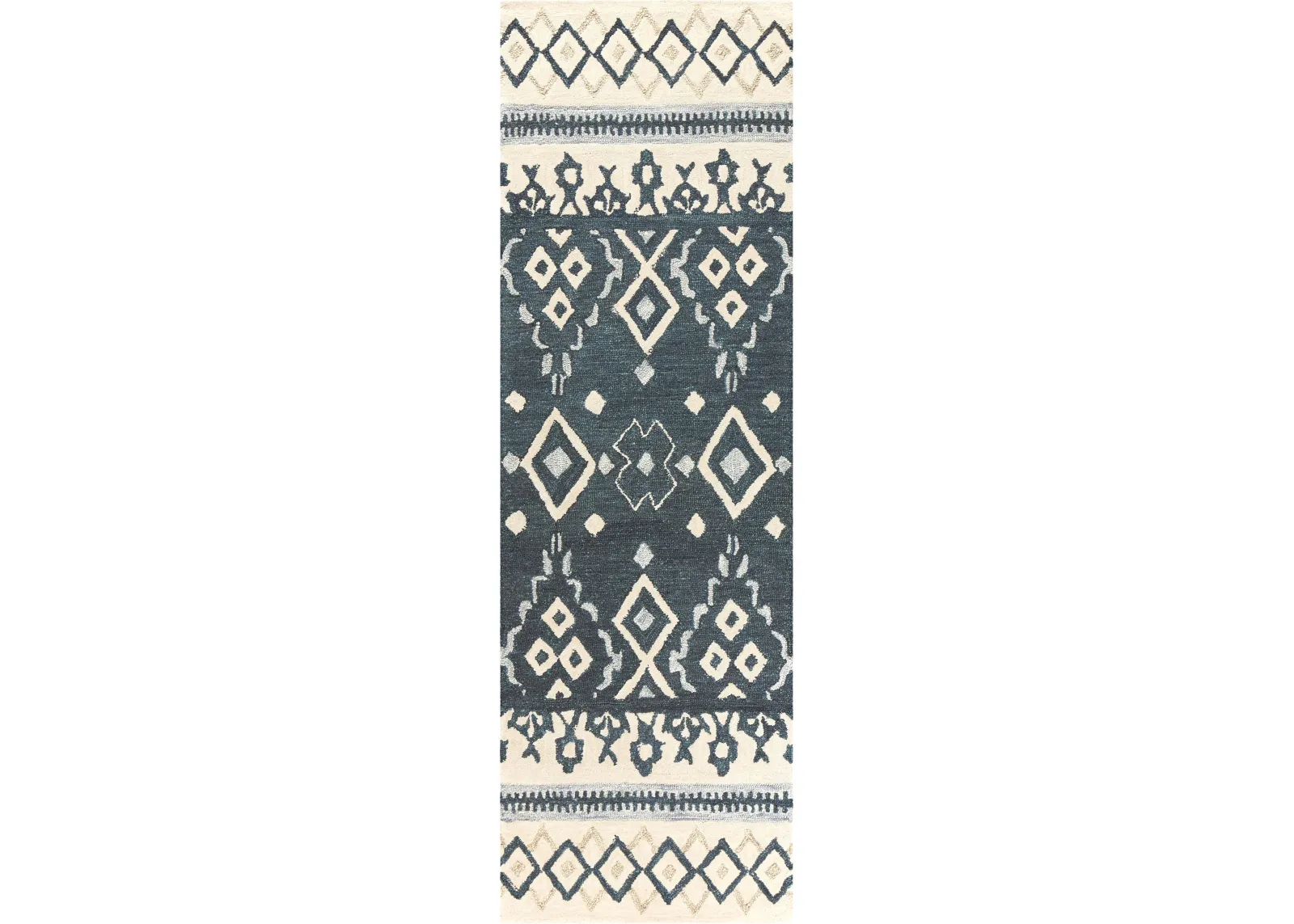 Opulent Gray/Dk.Blue Tribal Motif Wool 2'6" x 8' Runner Rug