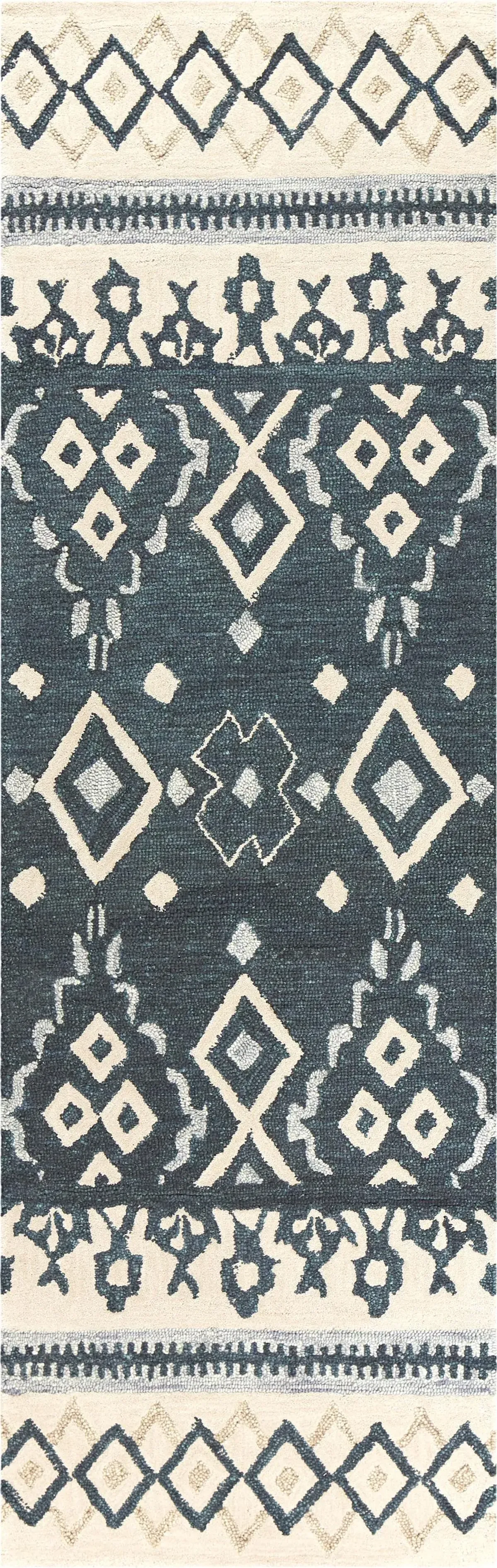 Opulent Gray/Dk.Blue Tribal Motif Wool 2'6" x 8' Runner Rug