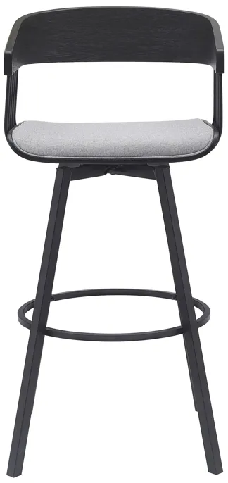 Athena 31" Swivel Black Wood Bar Stool in Light Gray Fabric with Black Metal