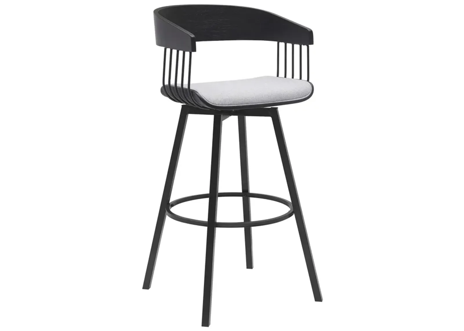 Athena 31" Swivel Black Wood Bar Stool in Light Gray Fabric with Black Metal