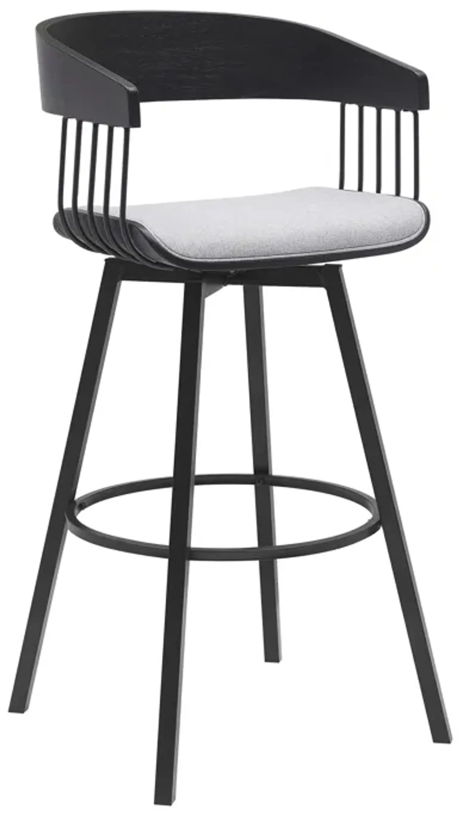 Athena 31" Swivel Black Wood Bar Stool in Light Gray Fabric with Black Metal