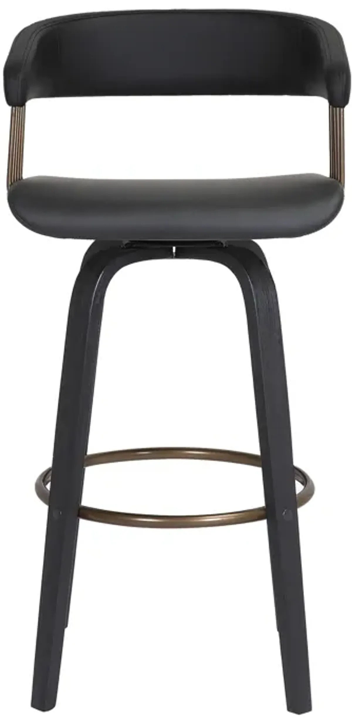 Topanga 26" Swivel Black Wood Counter Stool in Black Faux Leather with Golden Bronze Metal