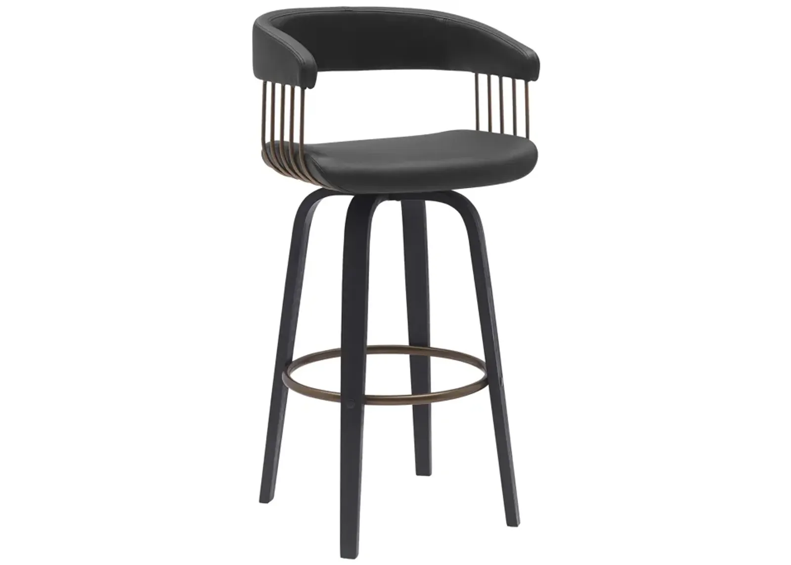 Topanga 26" Swivel Black Wood Counter Stool in Black Faux Leather with Golden Bronze Metal