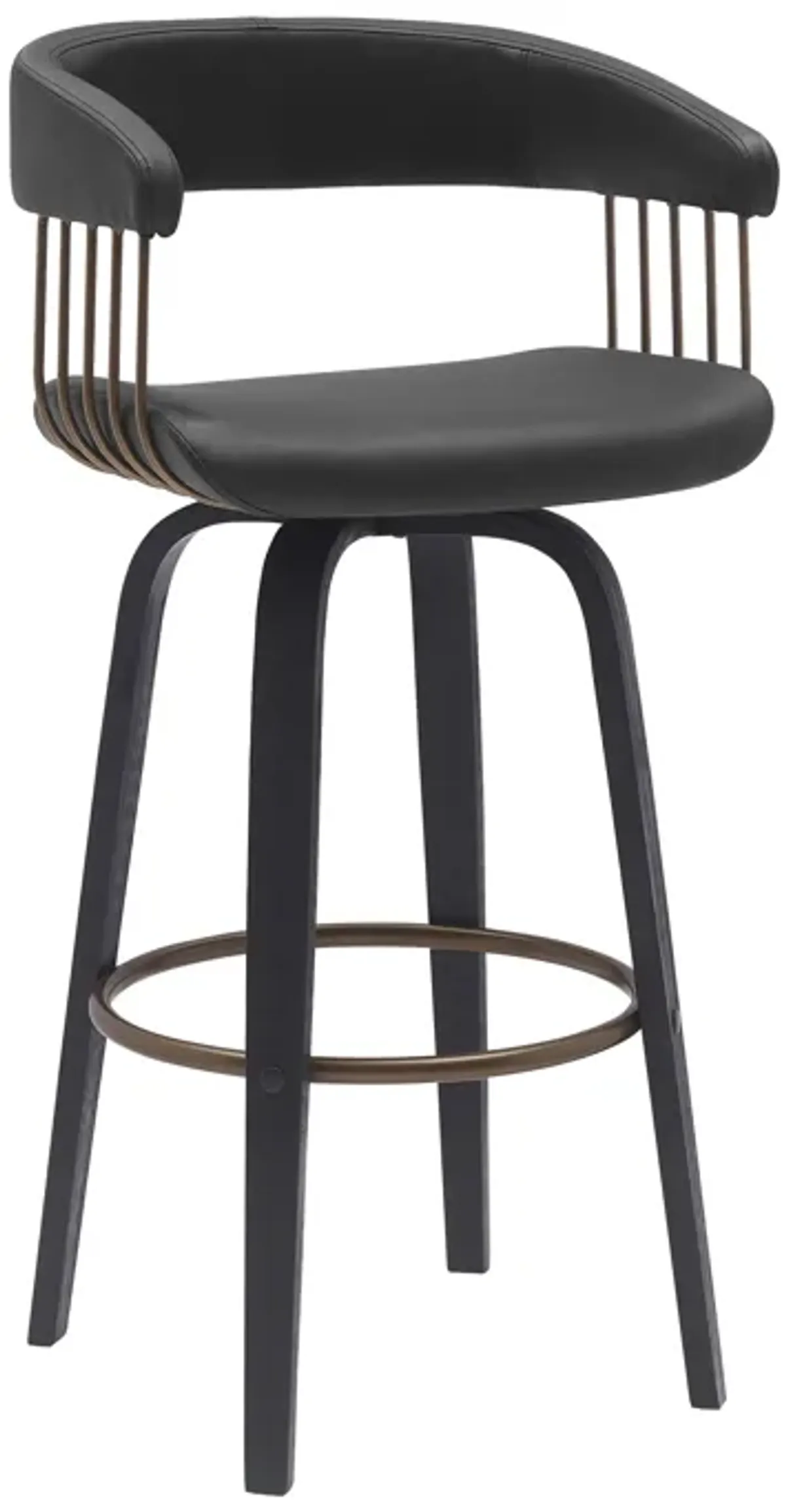 Topanga 26" Swivel Black Wood Counter Stool in Black Faux Leather with Golden Bronze Metal