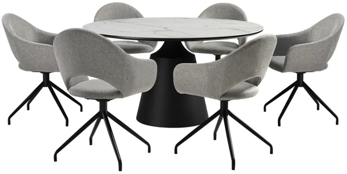 Knox Pria 7 Piece Dining Set with Stone Top and Gray Fabric Chairs