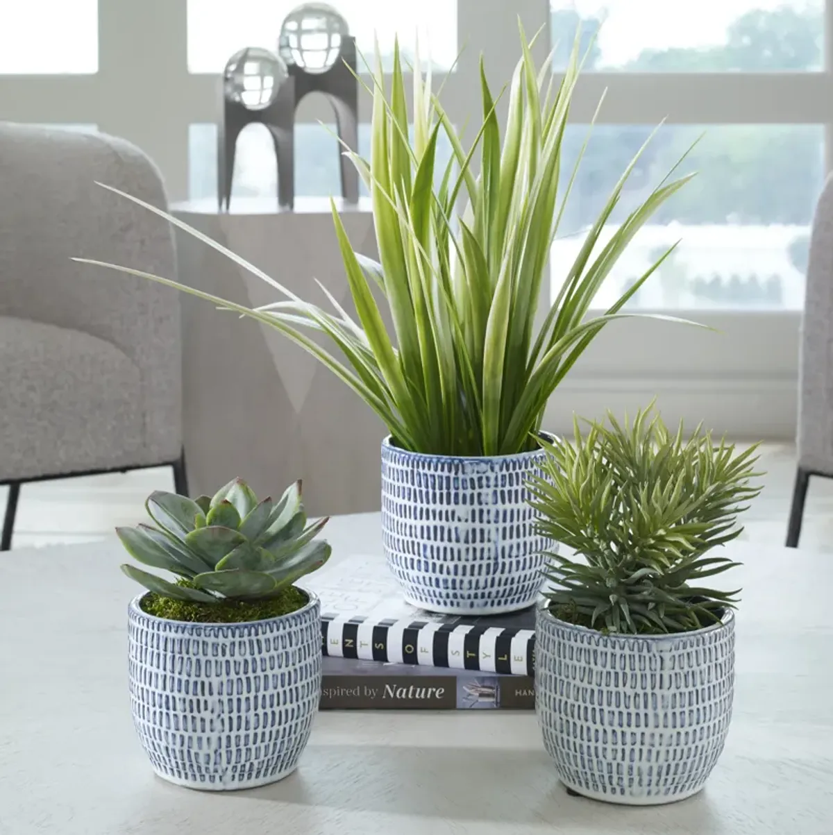 Puebla Greenery In Blue & White Pots, S/3