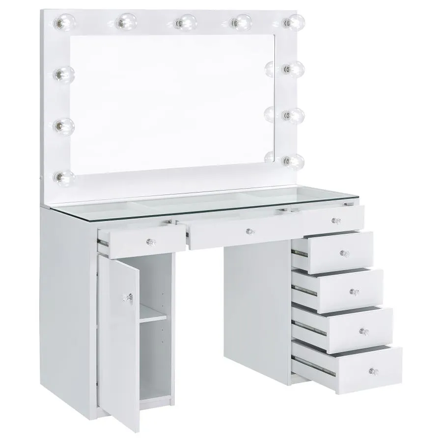 Acena 7-drawer Glass Top Vanity Desk with Lighting White