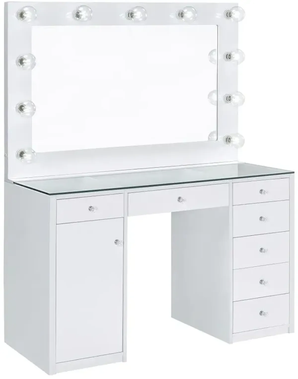 Acena 7-drawer Glass Top Vanity Desk with Lighting White