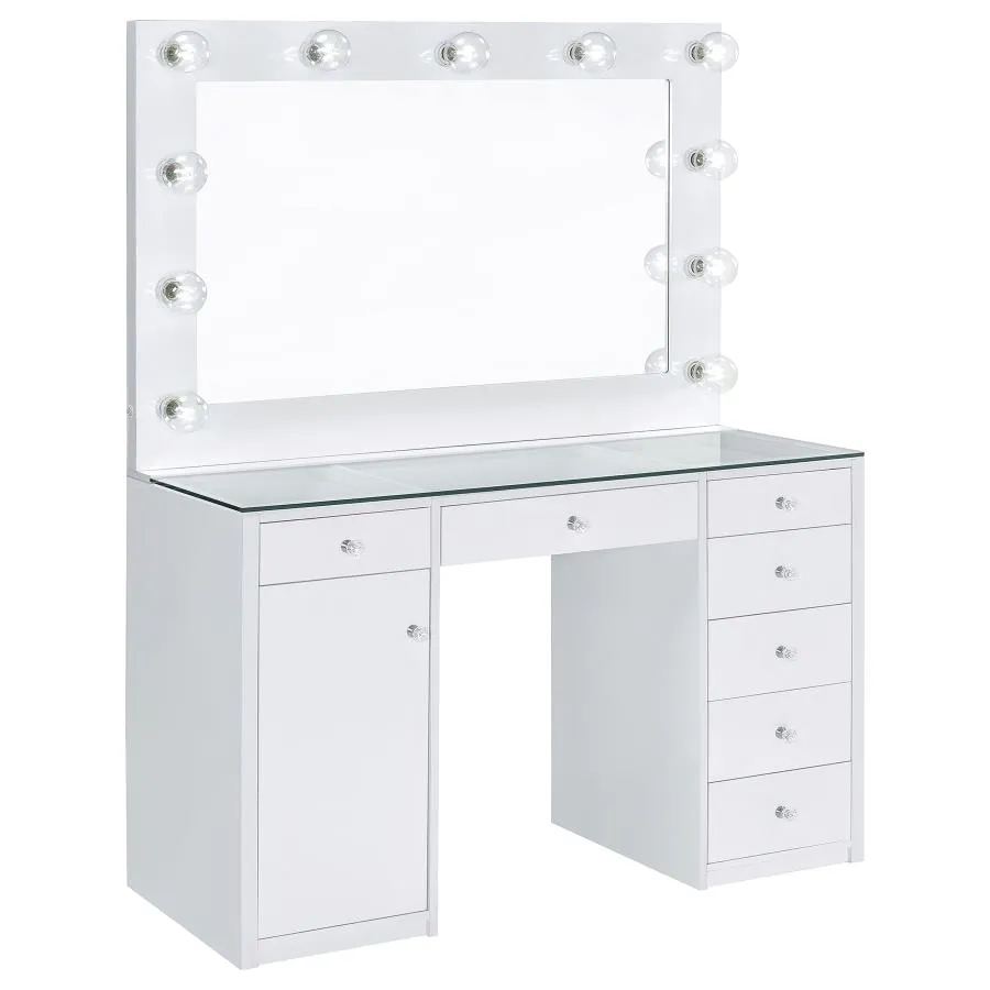 Acena 7-drawer Glass Top Vanity Desk with Lighting White