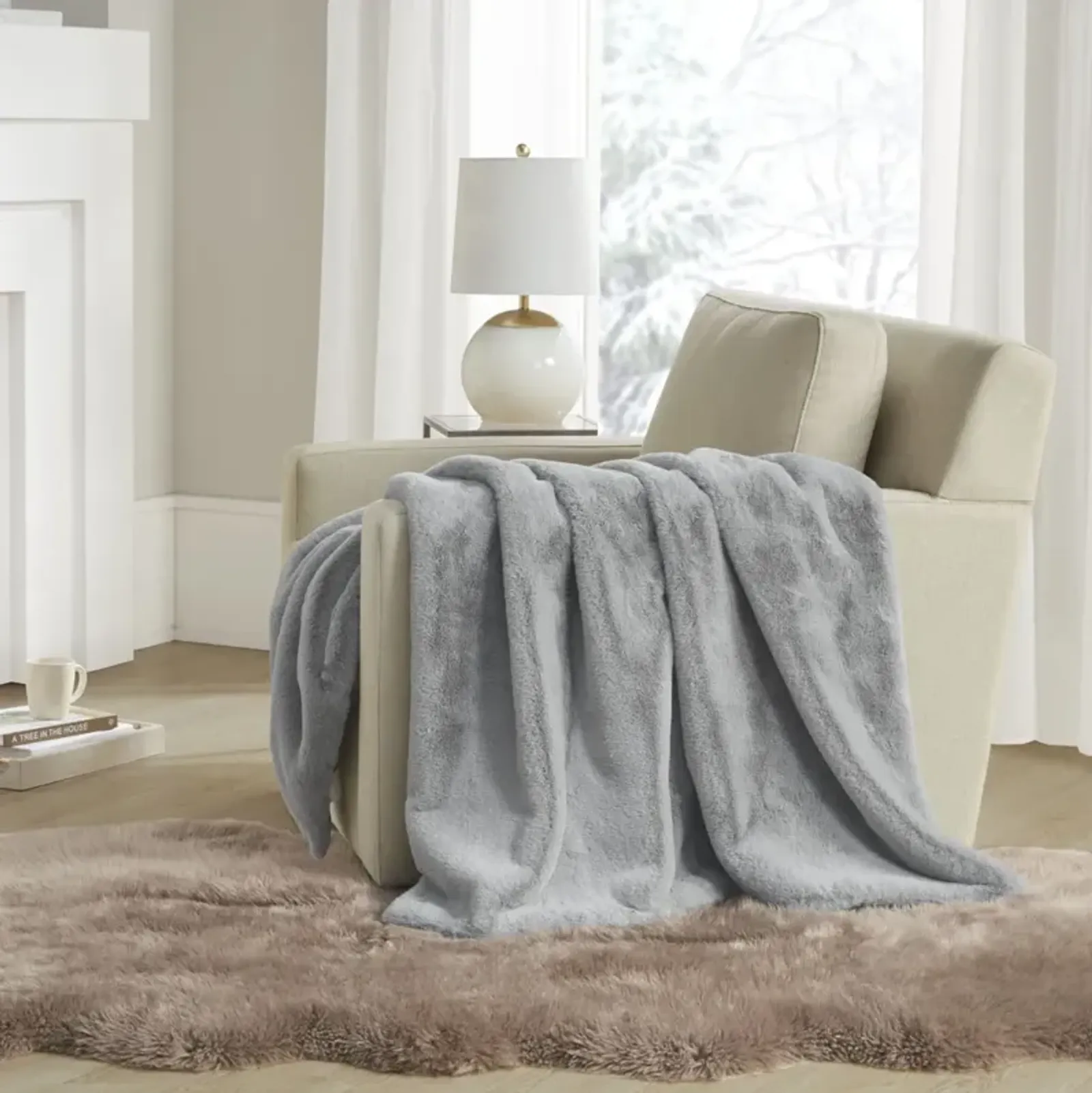 Madison Park Bristol Grey Solid Premium Faux Fur Throw