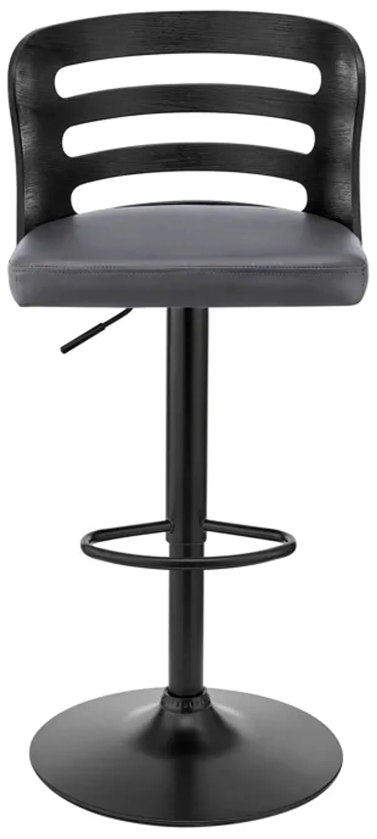 Khalia Adjustable Swivel Grey Faux Leather and Black Wood Bar Stool with Black Base