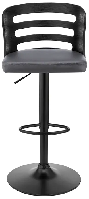 Khalia Adjustable Swivel Grey Faux Leather and Black Wood Bar Stool with Black Base