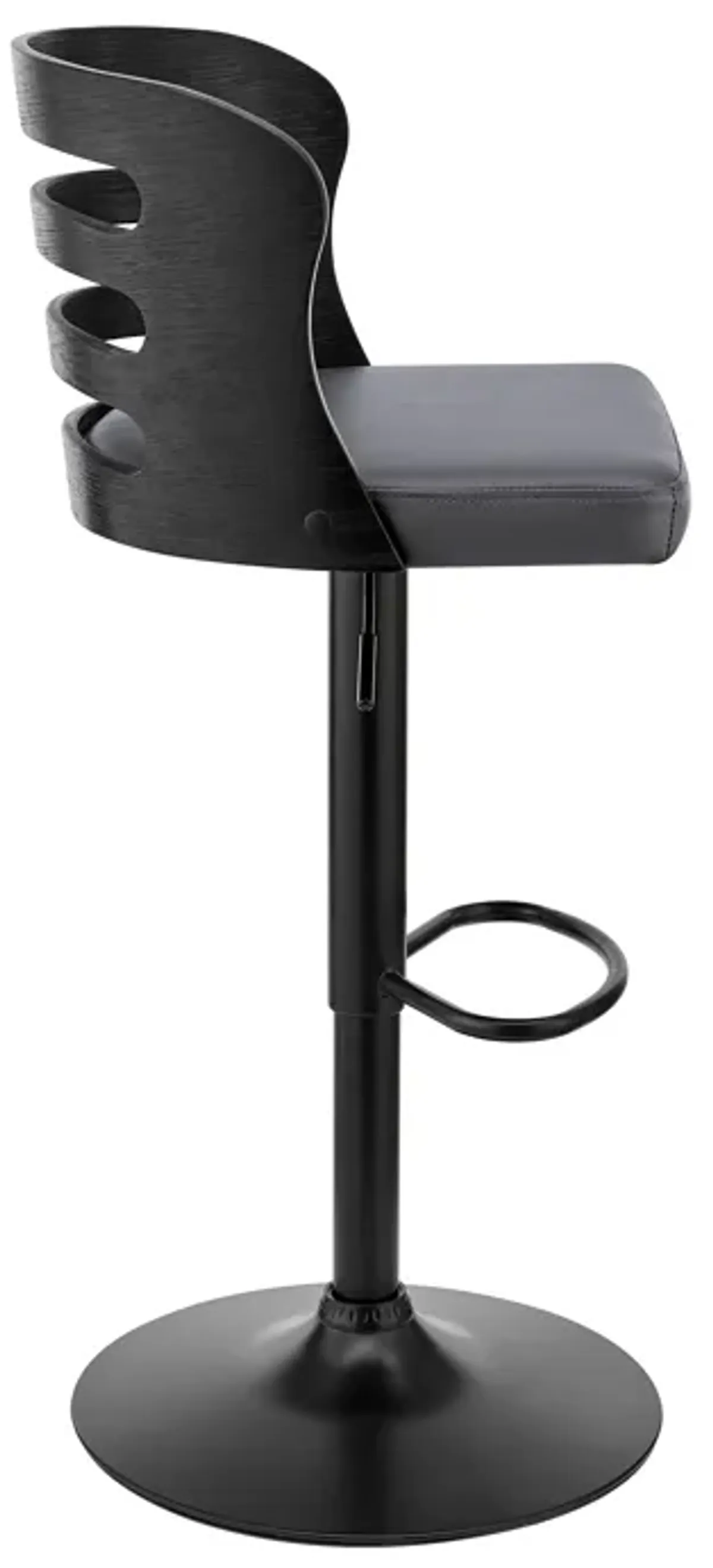 Khalia Adjustable Swivel Grey Faux Leather and Black Wood Bar Stool with Black Base