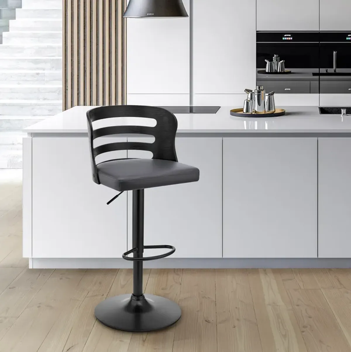 Khalia Adjustable Swivel Grey Faux Leather and Black Wood Bar Stool with Black Base